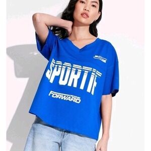 Women's Oversized Short Sleeve V-Neck Graphic Mesh Jersey Shirt - Medium NWT